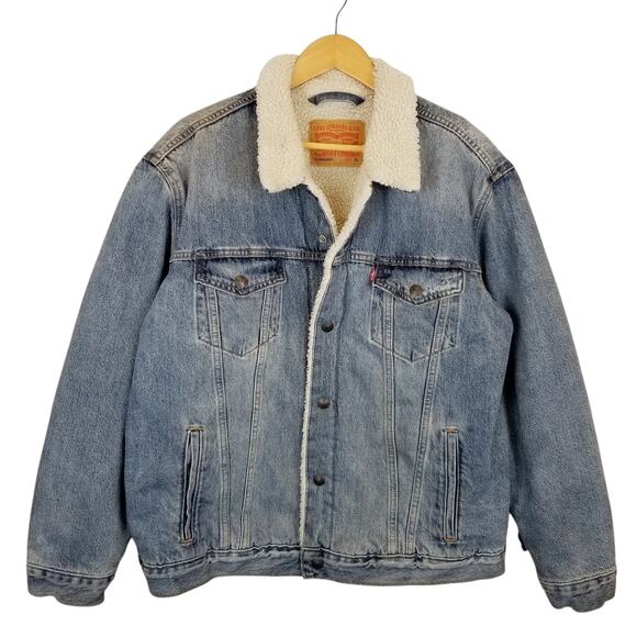 Levi's Men's Sherpa Lined Denim Jean Trucker Jacket Snap Closure Blue Size XL